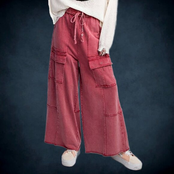 EASEL “Feeling Good Cargos” Mineral Washed Flared Leg, Raw Seams & Hems, Pockets - Picture 10 of 16